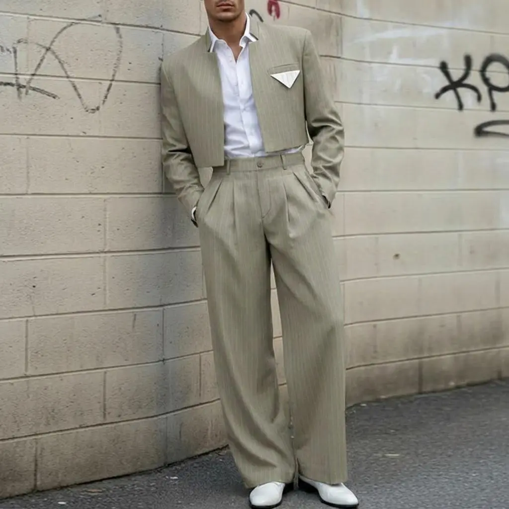 INCERUN Men's Pinstripe 2-Piece Set Cropped Blazer & High Waist Wide Leg Pants Suit