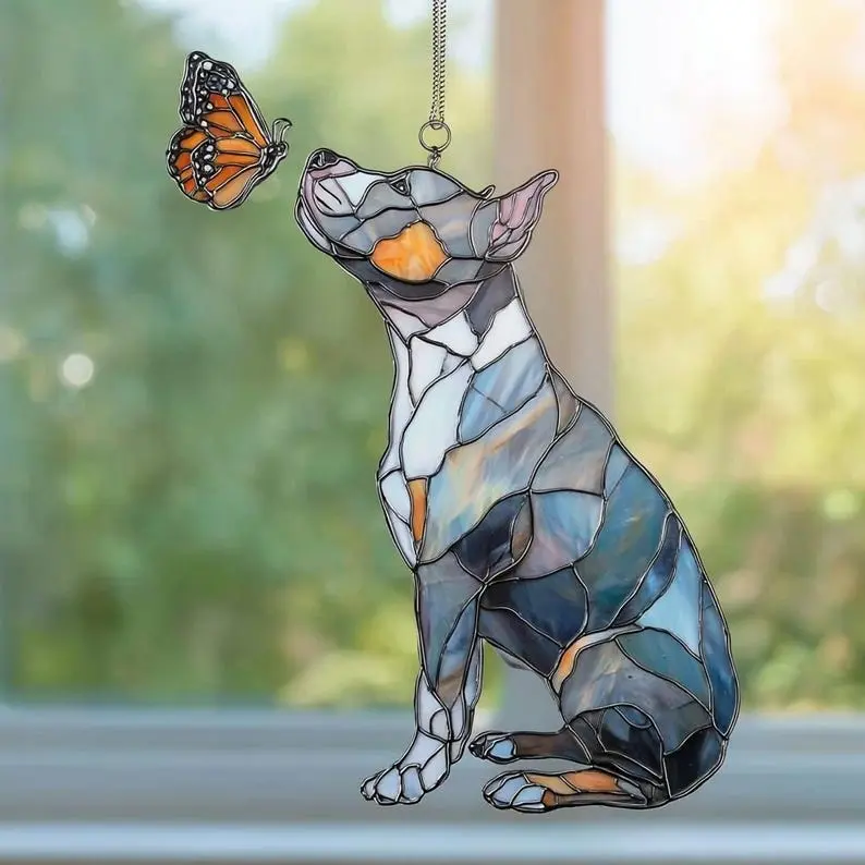 Pitbull Butterfly Acrylic Suncatcher - Personalized Pit Bull Window Hanging, Monarch Butterfly Dog Art Plaque, Comforting Pet Loss Memorial Gift