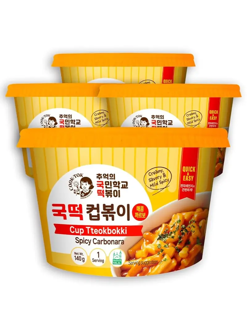 Korean Food Cooktok Cup Tteokbokki (Spicy Carbonara, 4Cups) All in one, Instant Tteokbokki, Rice Cakes and Seasoning Powders, Quick and Easy to Prepare, Ready in minutes