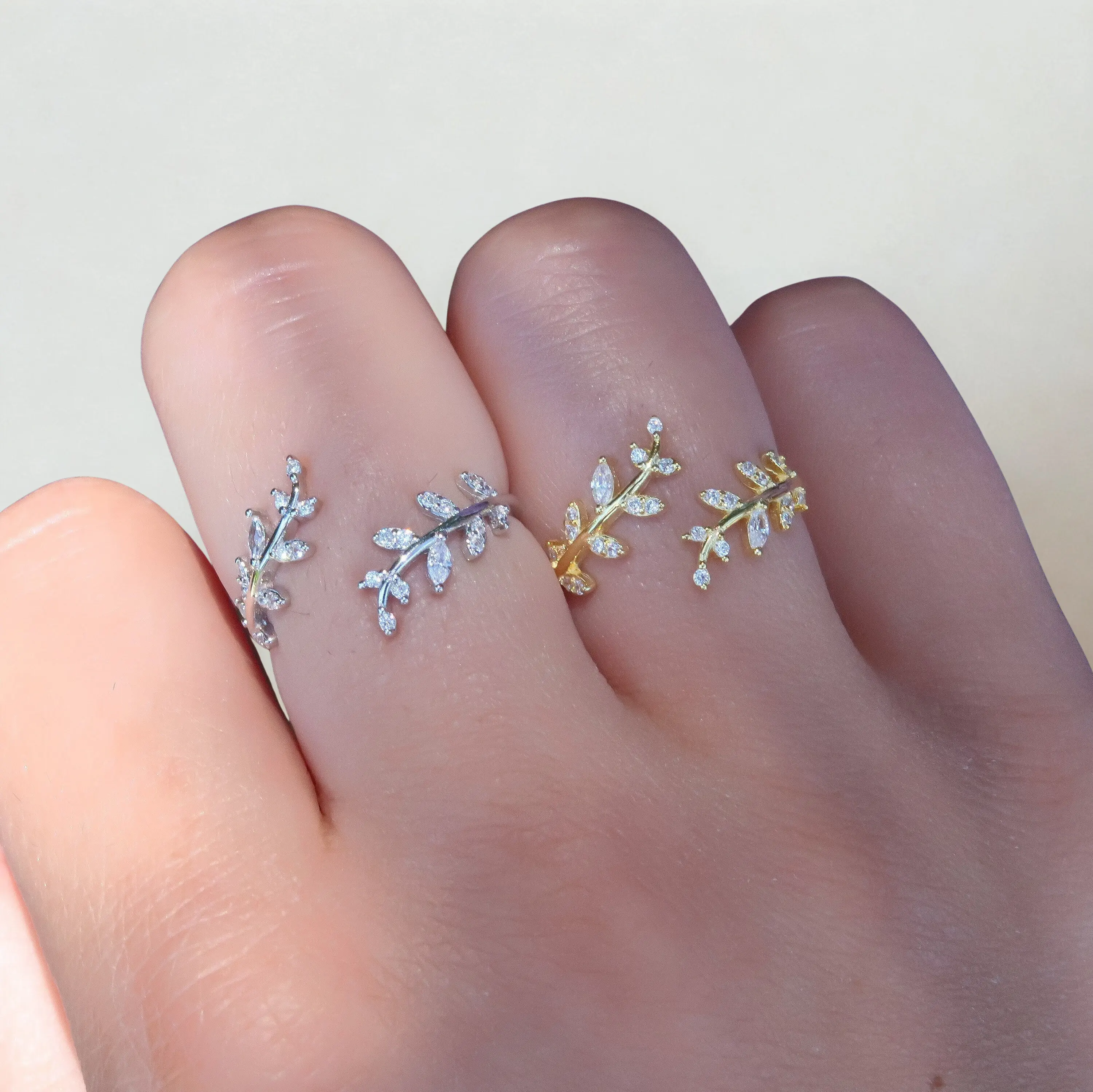 925 Sterling Silver Olive Leaf CZ Ring – Adjustable Wraparound Open Ring | Dainty Minimalist Jewelry