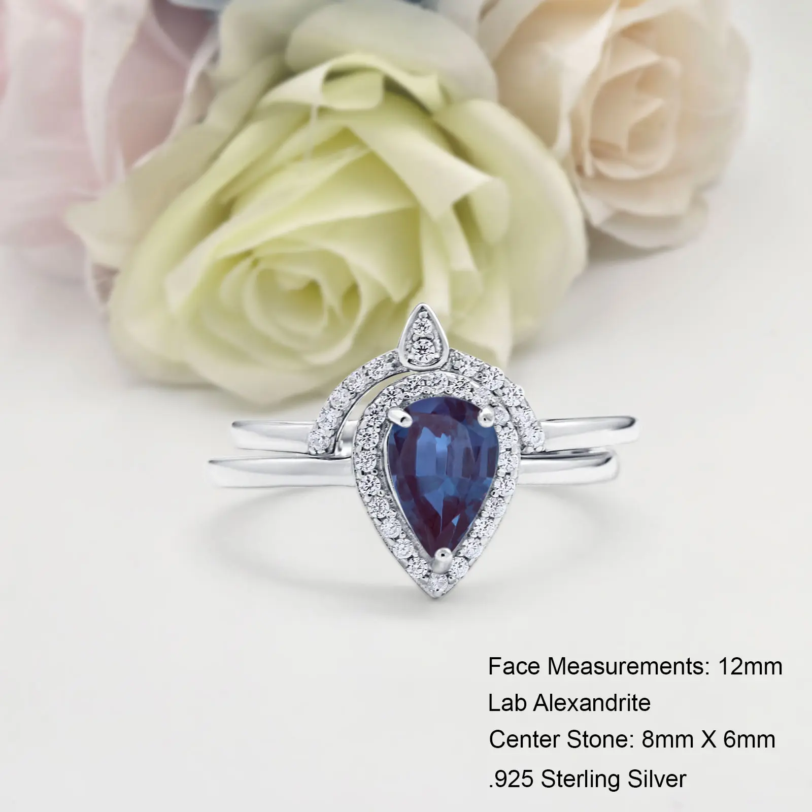Two Piece Teardrop 1.25 Carat Lab Alexandrite Bridal Band Women Ring Wedding Engagement Pear Shape Ring 925 Sterling Silver 12mm