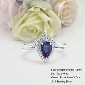 Two Piece Teardrop 1.25 Carat Lab Alexandrite Bridal Band Women Ring Wedding Engagement Pear Shape Ring 925 Sterling Silver 12mm