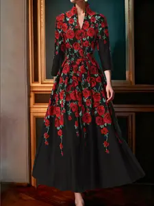 Chic Women's Long Dress, Elegant Formal Dress with Stand Collar, Floral Rose Print, Side Zipper, Waist Belt, Fitted Skirt, Party Wear, Daily