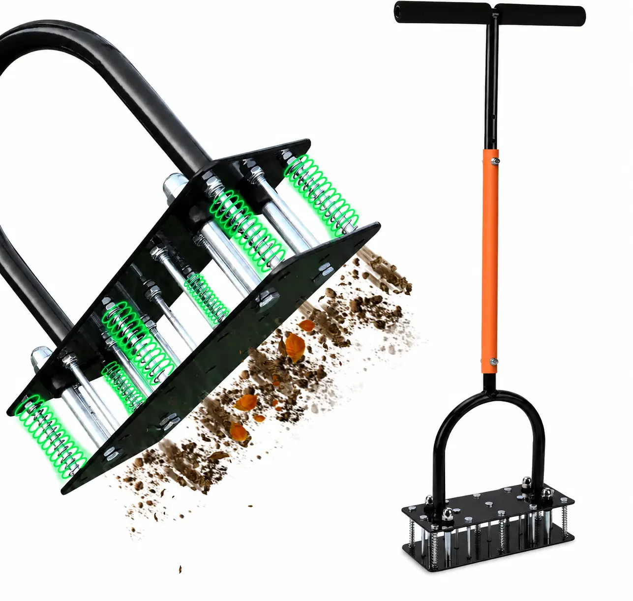 15-Spike Manual Lawn Aerator with Dual-Layer Spring, Adjustable Height Yard Grass Aerator for Lawn Care
