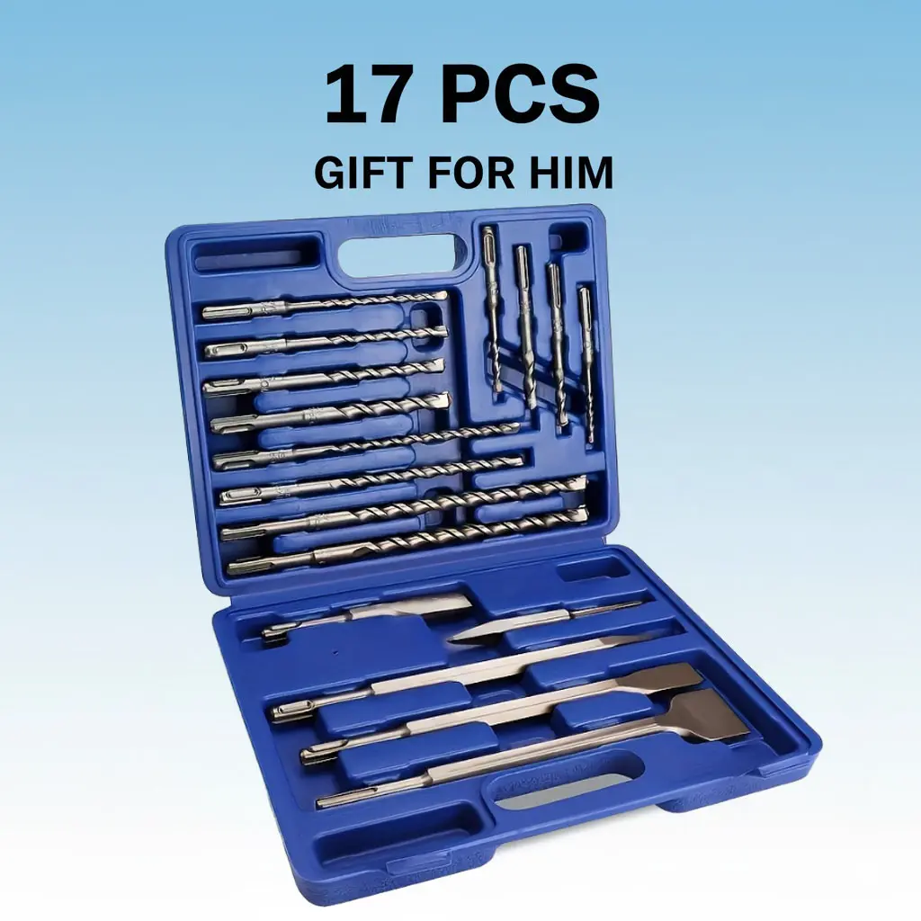 17-Piece SDS-Plus Rotary Hammer Drill Bits & Chisels Set (17 Count), Carbide-Tipped for Concrete, Stone, Versatile Use, SDSplus Compatibility, Power Tool Accessory with Storage Case for Masonry Drilling