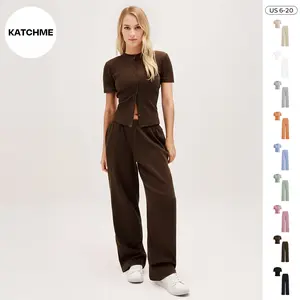 KatchMe Women's Casual Solid Color Button-Up Short Sleeve Top & Wide Leg Trousers Co-ord, Comfy Two Piece Outfits, Basic Summer Womenswear