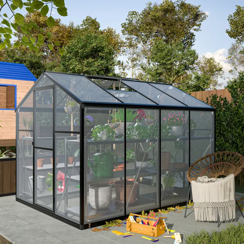 6x8 FT Greenhouse for Outdoors Polycarbonate with Quick Setup Structure Roof Vent Aluminum Large Walk-in for Garden Backyard Black Modern Secure Durable