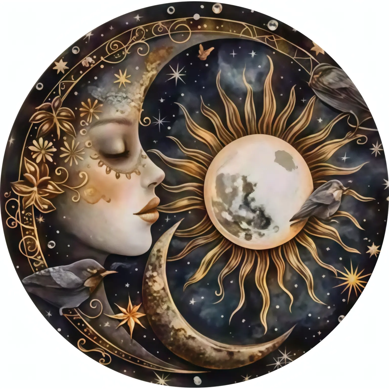 Multicolor Vintage Sun and Moon Round Metal Sign - Printed Retro Celestial Boho Hippie Aluminum Wall Plaque, Spiritual Astrology Home Decor, High-Quality Country Style Wall Art, Ideal Gift, Multicolor -A