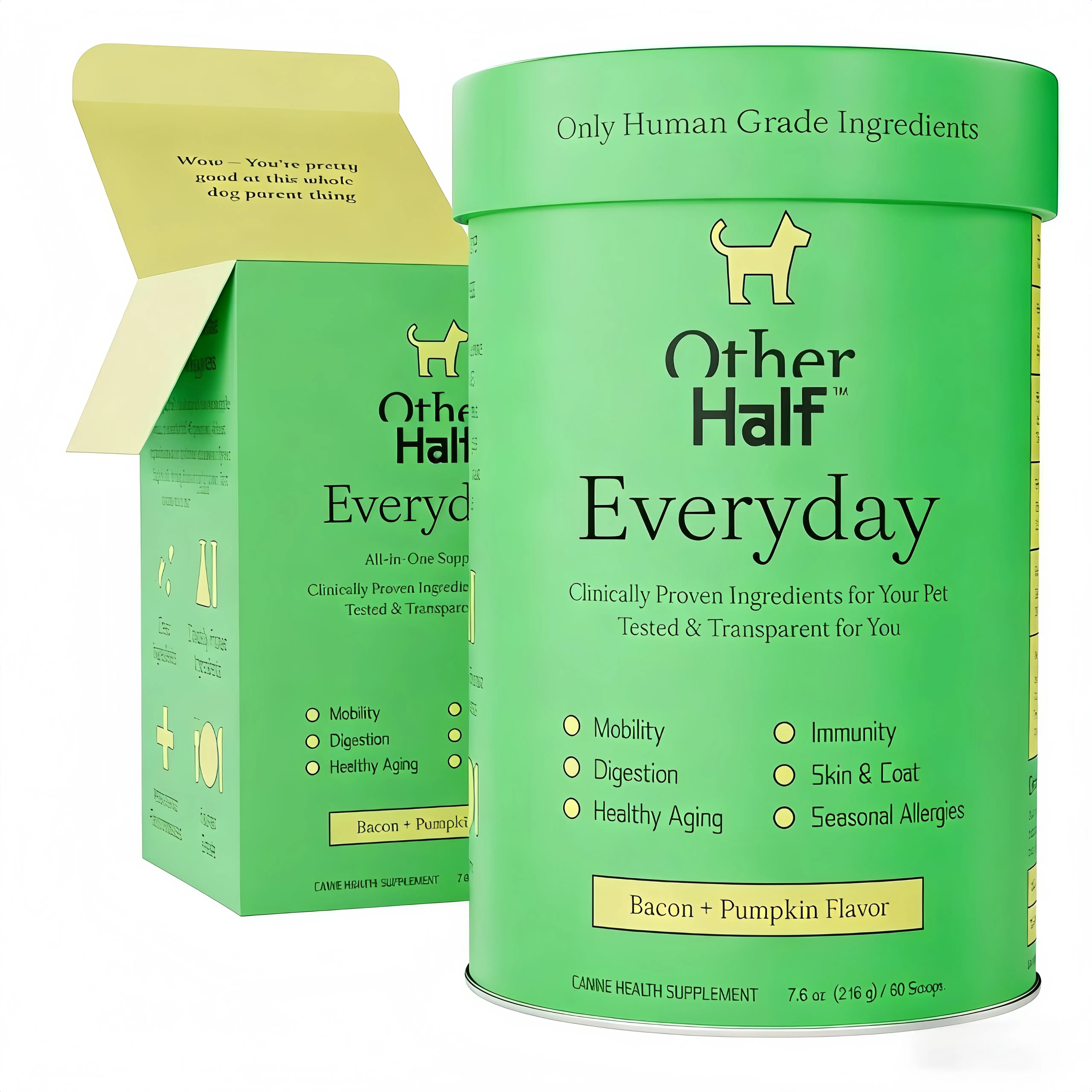 Other Half Daily Canine Nutritional Supplement - 45 Natural Active Ingredients, Bacon & Pumpkin Flavor, Hip & Joint Care, Gut, Immune & Skin Allergy Support, 60 Scoops, Daily Canine Wellness Overall Health Pet Vitamin