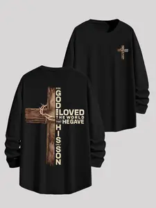 Christian sports shirt "For God So Loved The World" with a cross pattern round neck, religious clothing, a gift of faith for Christians and Bible enthusiasts
