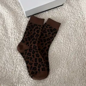 Melard 3 Pairs Autumn Winter New Leopard Print Coffee Color Fashionable Women's Mid-Calf Socks Spandex Knitted Trendy Versatile Womenswear