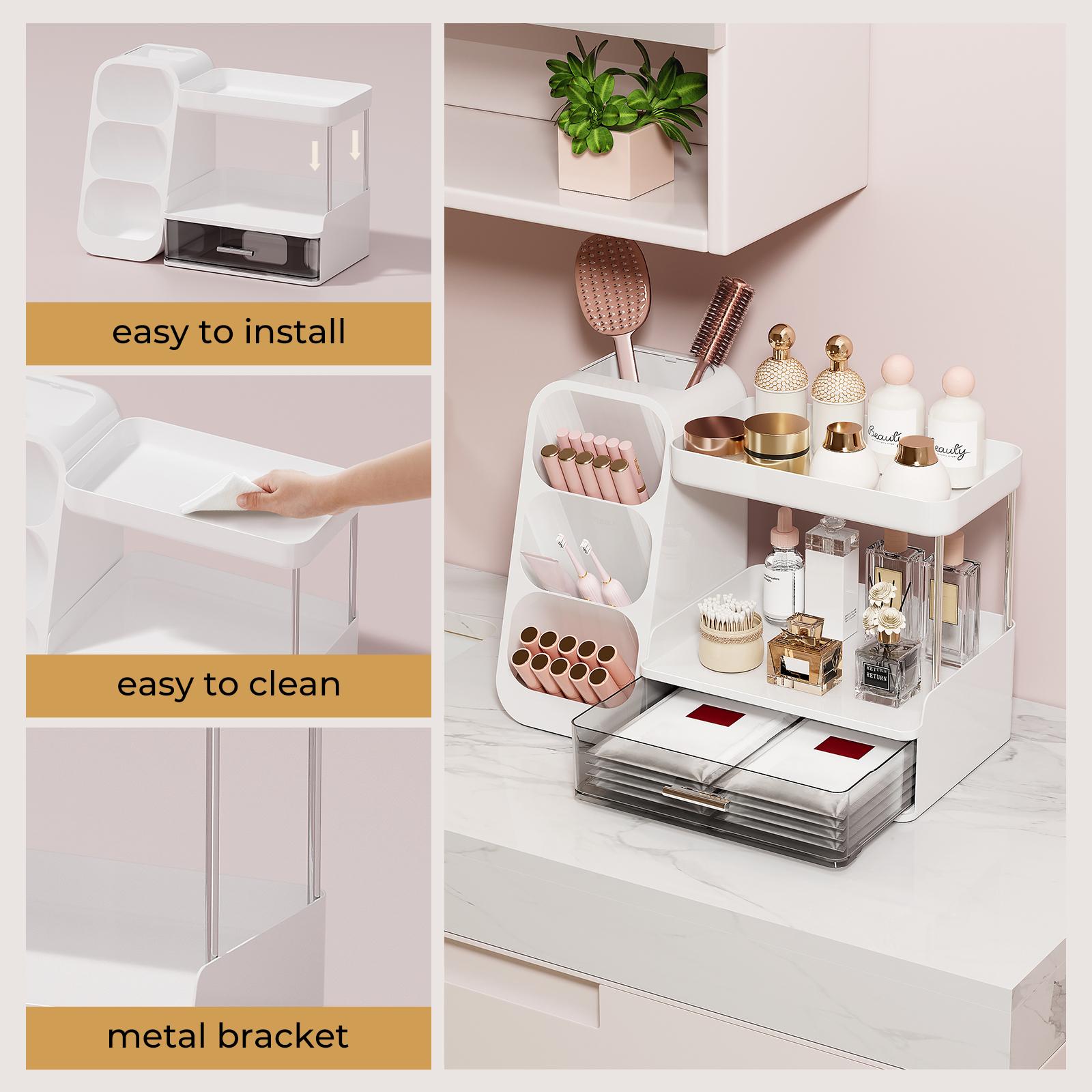 UFORU  Makeup Organizer with Multi-Compartment Brush Holder, 3-Tier Vanity Storage Shelf with Clear Drawer, Cosmetic & Skincare Organizer for Bathroom Counter, Bedroom Dresser & Desktop, Mother's Day Gift