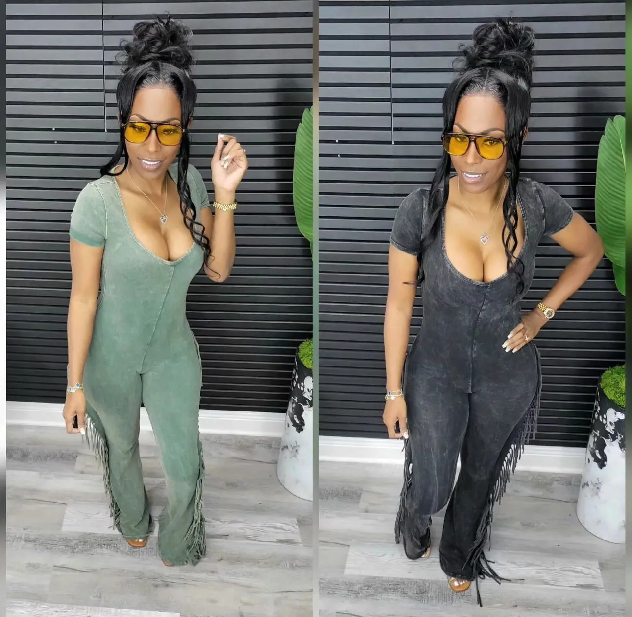 Acid wash fringe jumpsuit