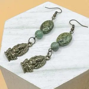 Handcrafted by Rita Green Aventurine Earrings with brass Ganesha charm