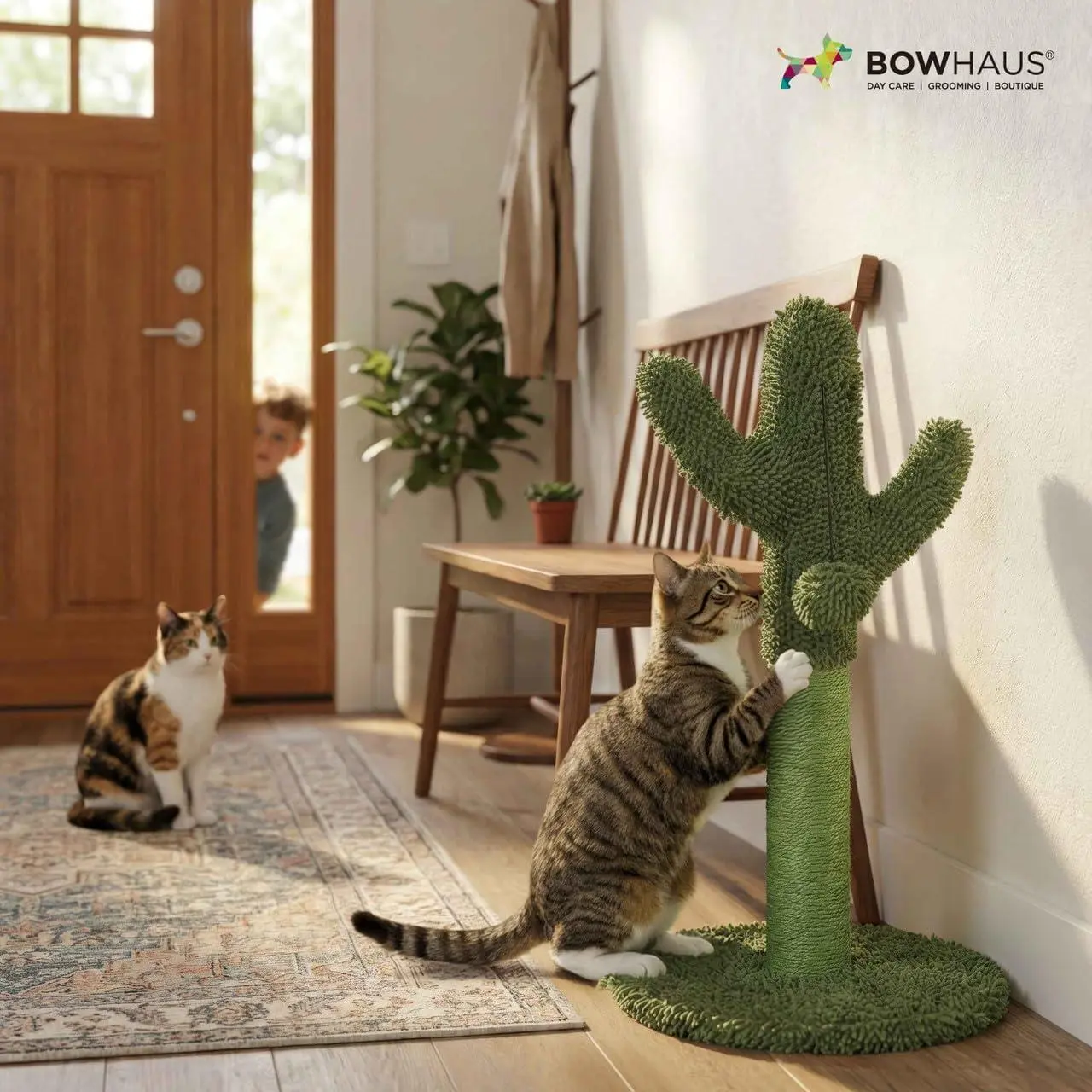 BOWHAUS Cactus Cat Scratching Post, Cat Scratcher with Sisal Rope and Interactive Hanging Ball, 19.9 Inch Scratching Post for Indoor Cats and Kitten