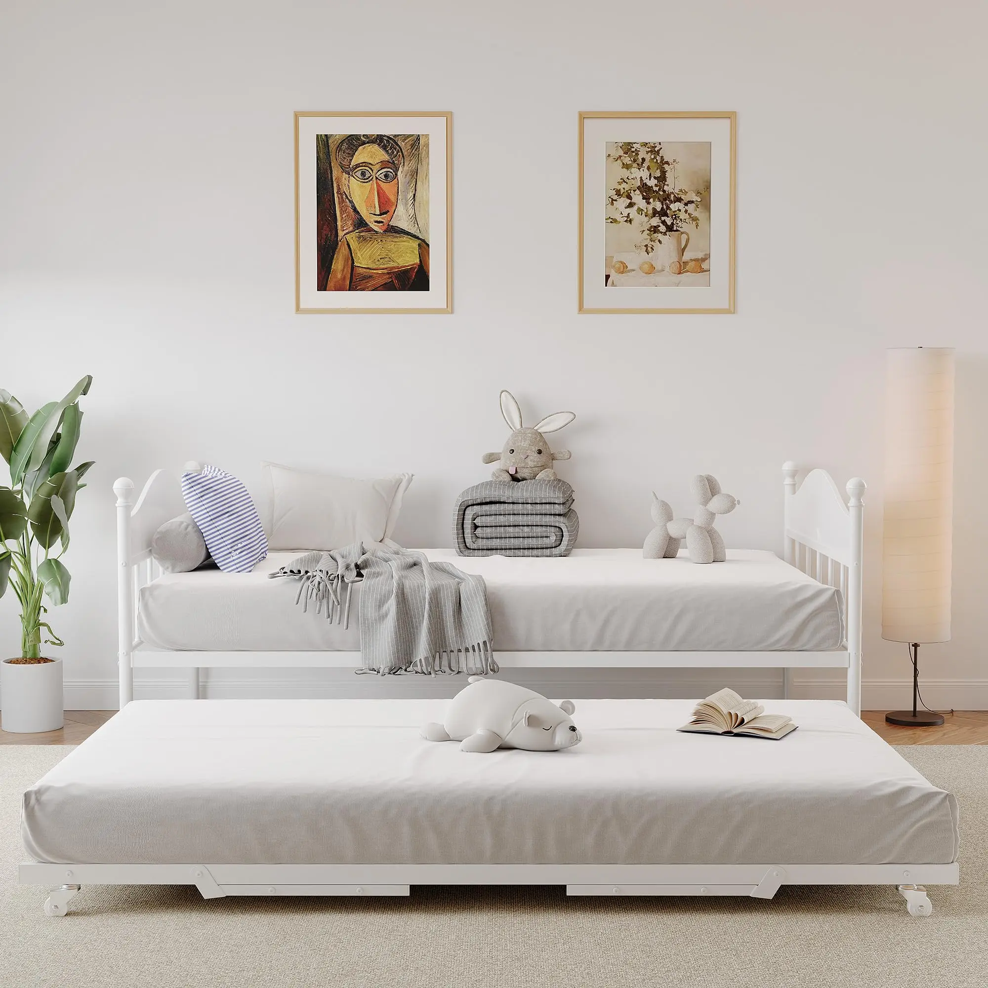 Garvee White Metal Twin Size Daybed with Height Adjustable Trundle, Sturdy Steel Slats Platform, Stylish Headboard, Ideal for Living Room, Bedroom, and Guest Room
