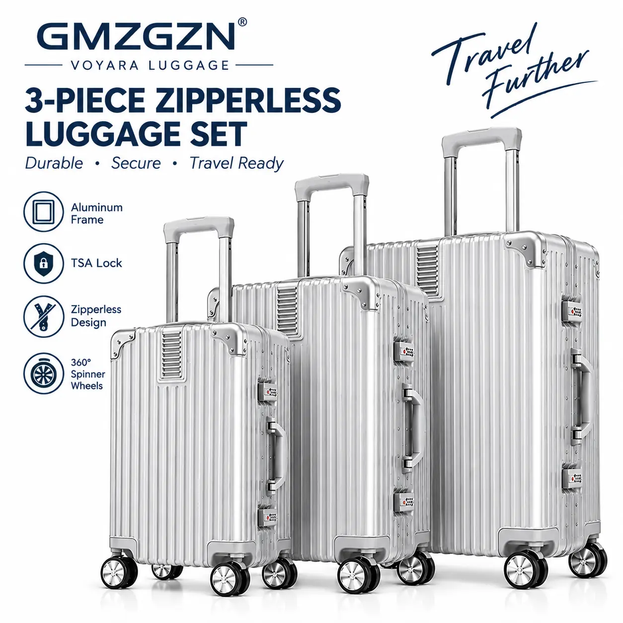 GMZGZN 3-Piece Zipperless Luggage Sets, Aluminum Frame PC Hardshell Suitcases with TSA Lock, 20/24/28 In Spinner Wheels for Essential Cabin Use