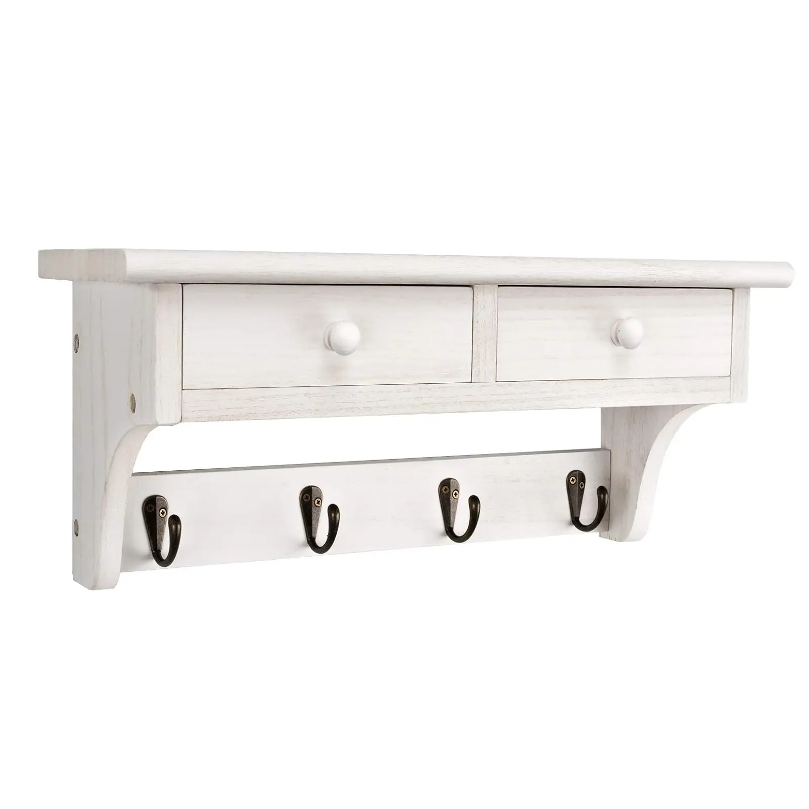 Wall Mounted Coat Rack with 17 Inch Shelf and 4 Metal Hooks, Rustic Wood Entryway Organizer, White