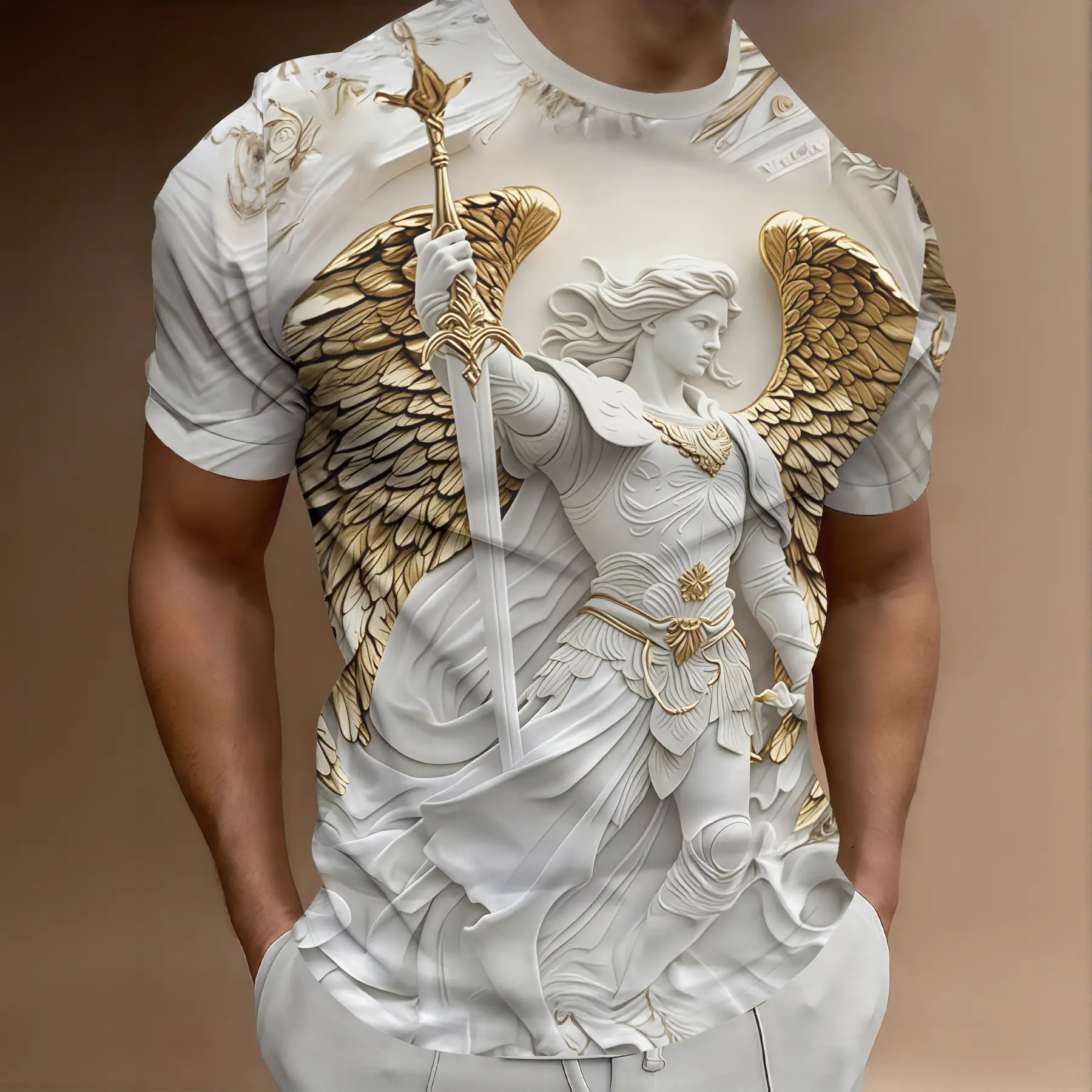 Men's Fantasy Graphic Crew Neck T-Shirt, Archangel Gold Wing 3D All Over Print, Breathable Relaxed Fit for Casual Wear, Tshirt, Round Neck, Tee, Shortsleeve, Outdoor, Stylish, Fashion Apparel, Breathable Light