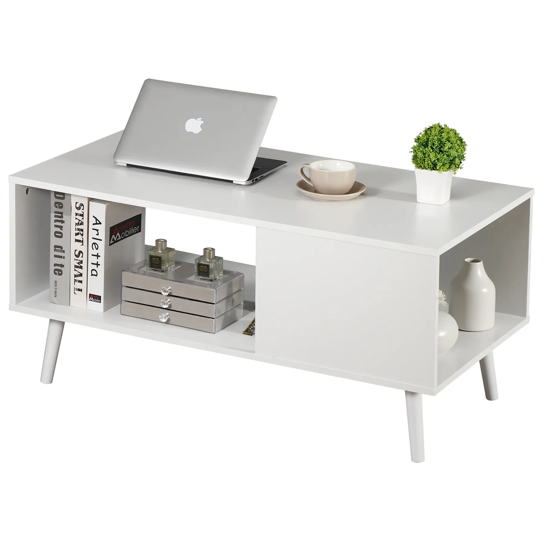 Zeny Modern Rectangular Coffee Table - Waterproof Living Room Table with Deep Shelves, Neutral Look, Tapered Legs, Versatile Console/Sofa Side Accent Piece, White, Living Room Tables
