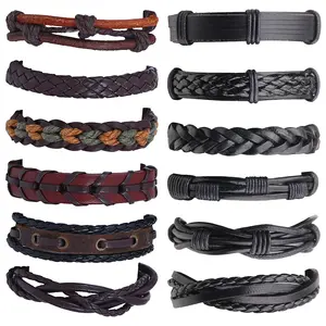 OIDEA Vintage Leather Bracelets Set for Men, Handmade Braided Adjustable Multi-Layer Wristbands, 12 Piece Stack Gift