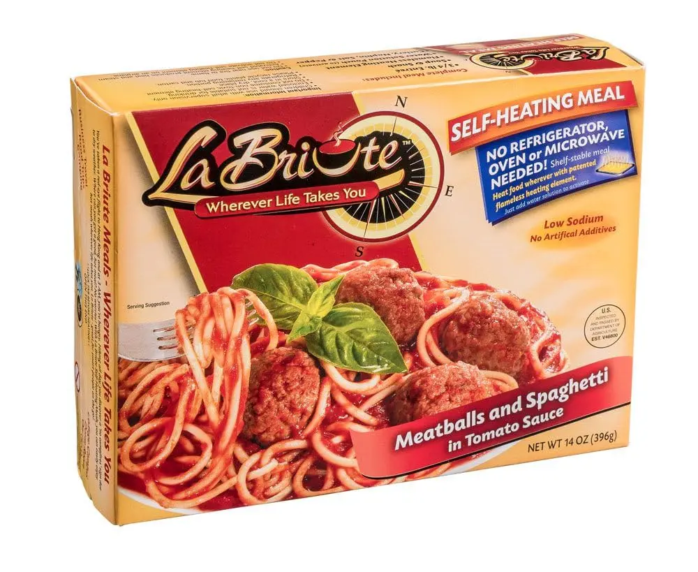 LaBriute Meals Spaghetti & Meatballs in Tomato Sauce – Self Heating Ready to Eat Entrée w/Snack |23g Protein, Low-Calorie Pre-Packaged Lunch or Dinner | Shelf Stable, Fully Cooked, No Refrigeration Needed |Glatt Kosher | 12 oz Serving