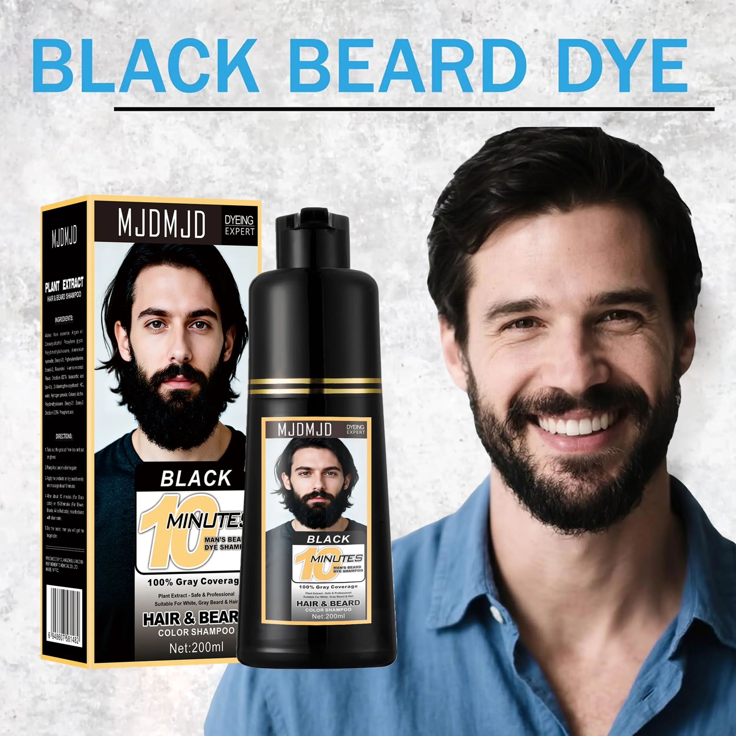 6.76 oz Natural Black Beard Hair Dye Shampoo with Plant Extracts Designed for Men, a Semi-Permanent 3-In-1 Shampoo in 10 Minutes,That Colors Gray Hair And Beard,Champu Para Canas