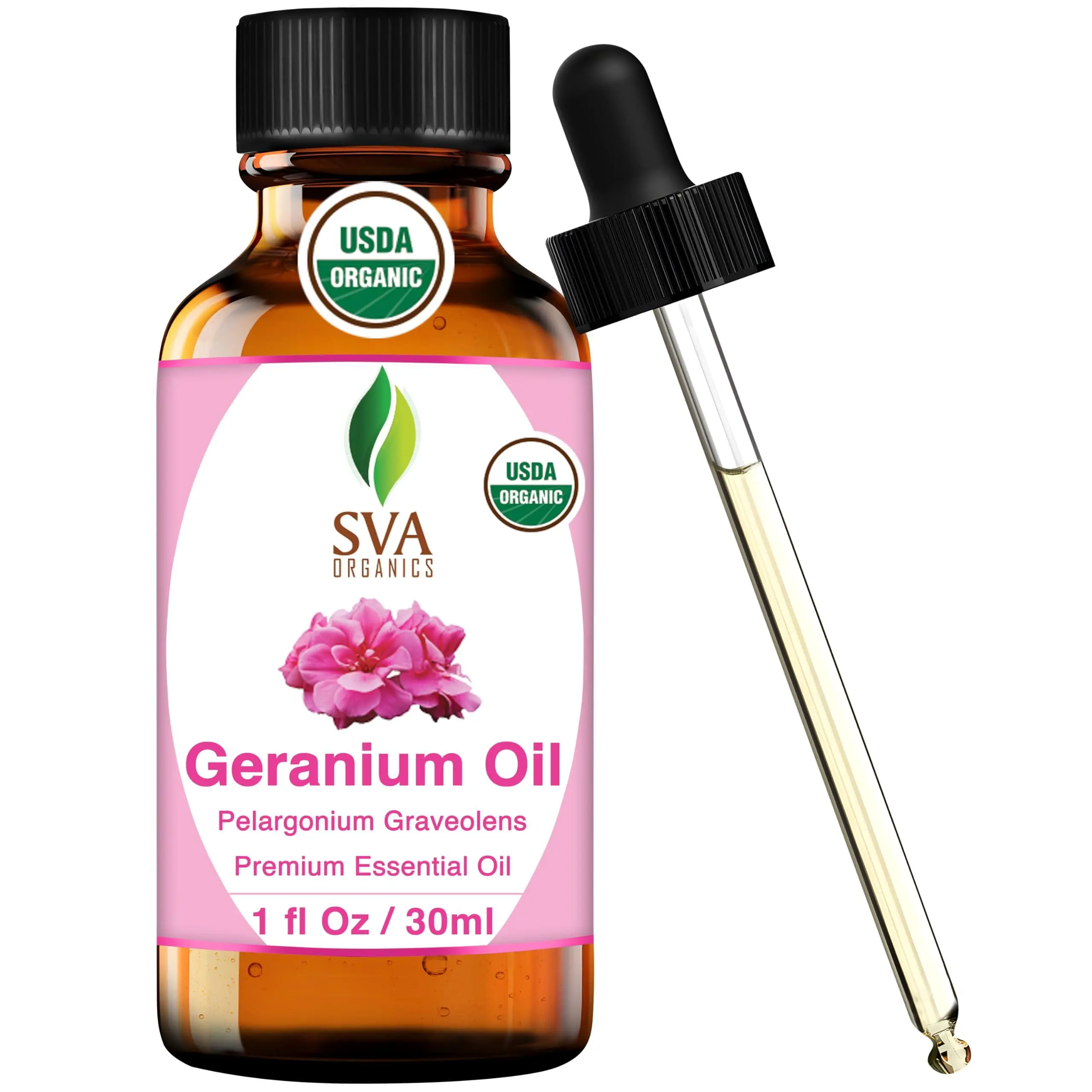 SVA Organic Geranium Essential Oil - 1 Fl Oz with Dropper, 100% Natural Floral Perfume, Scented Aroma Enhancer Carrier & Essential Oils, Aromatherapy Diffuser Use, Selfcare Support, 24-Month Shelf Life, Cosmetic