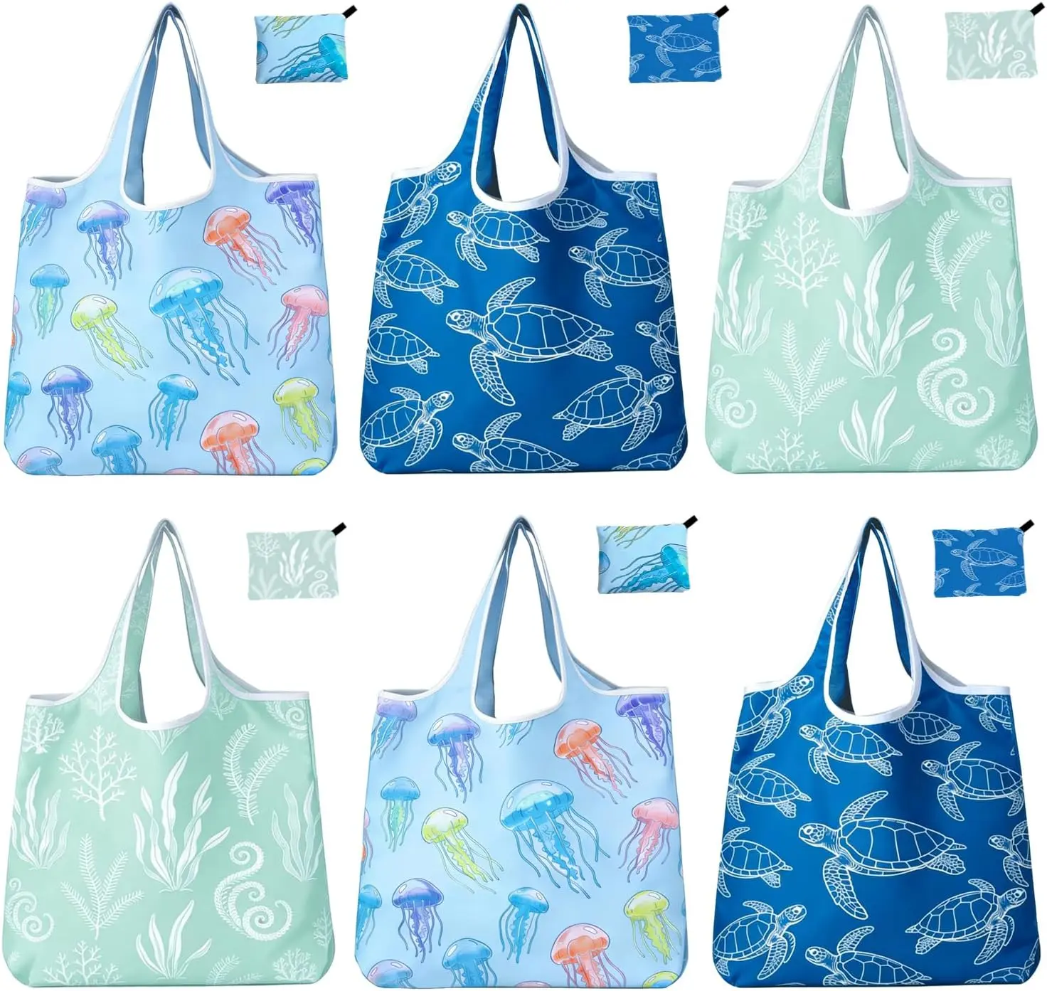 6-Pack Foldable Compact Fold Reusable Shopping Bags, Machine Washable Storage Bags for Shopping & Travel