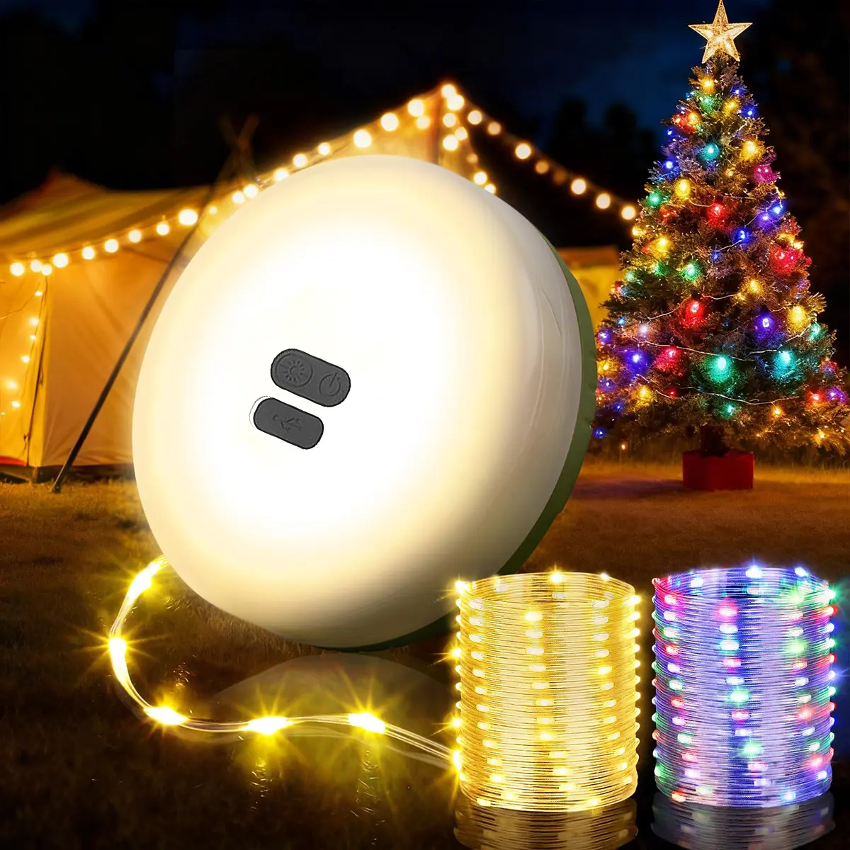 Camping String Lights 5400mAh 49.2Ft Retractable LED String Lights Battery Powered Waterproof Emergency Outdoor Lights for Festive Decor
