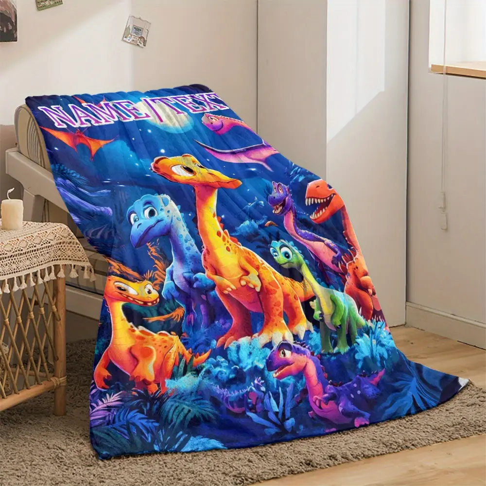 Custom Name Multi-Size Holiday Cartoon Dinosaur Flannel Throw Blanket - Personalized Text, Soft Warm Polyester Fleece, Digital HD Print, 50x76cm(20×30in), 80×120cm(32×48in), 100×130cm(40×50in), Ideal for Sofa, Bed, Festive Home Gift for Family