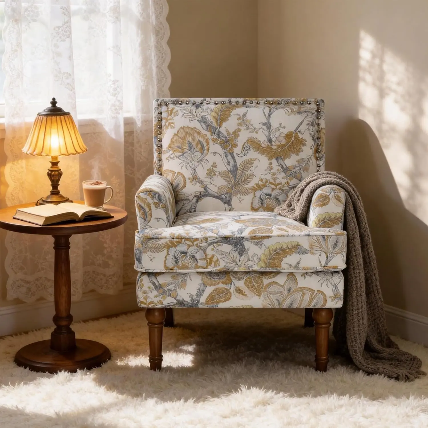 DUXELIFIN Earthy Yellow Floral Design Armchair with Armrest - 28.5x27x34in, High Back, Nailhead Trim, Sturdy Stable Polyester+Wood Upholstery, Solid Wood Legs, Easy Setup, Contemporary Living Room Reading Corner Furniture
