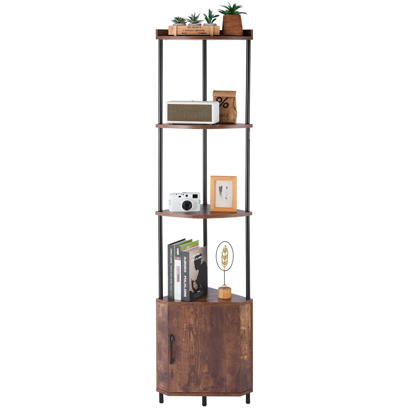 【SummerFinds】VEVOR MDF 5-Tier Adjustable Corner Shelf with LED Lights, 65.4" Tall Corner Bookshelf with Storage Cabinet, RC/APP-Controlled Multi-Color Lights for Bedroom, Kitchen