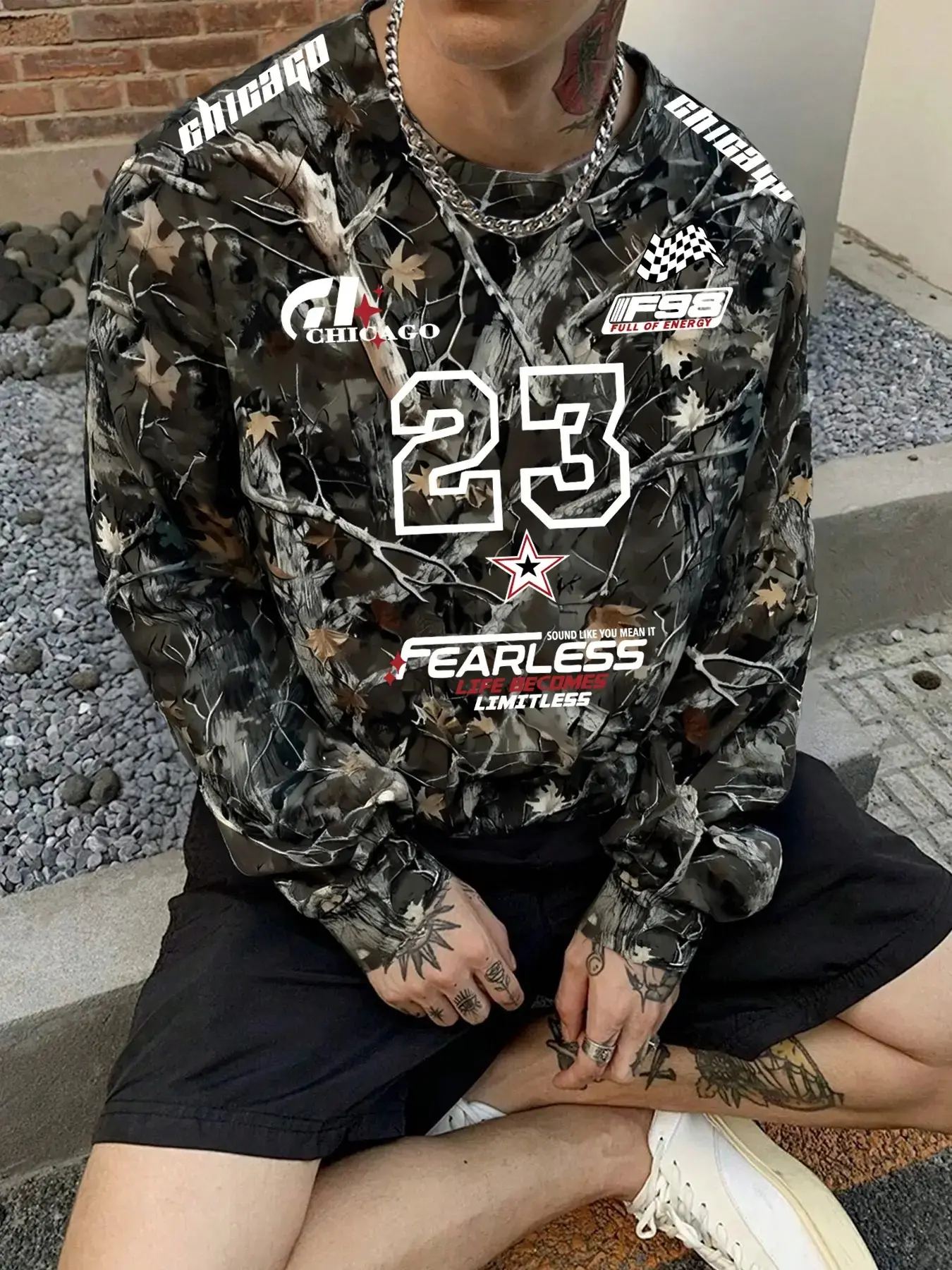 Men's Camo Branch Print Hoodie with Letter Print, Camouflage, Fashion Streetwear Essential, Casual Fitted Long Sleeve Sweatshirt, Tops