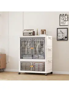 Beige - Stackable Storage Bins With Lid, Closet Organizer And Storage Drawer, Collapsible Storage Box With Wheels, Plastic Lidded Closet Organizers Cabinet For Home Organization,23.62 X 13.77 X 31.10Inch Containers