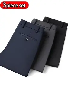 Men's New Loose Straight Leg Elastic Plain Polyester Business Pants, Anti-Wrinkle Comfortable Workwear, Fashion Casual Long Trousers