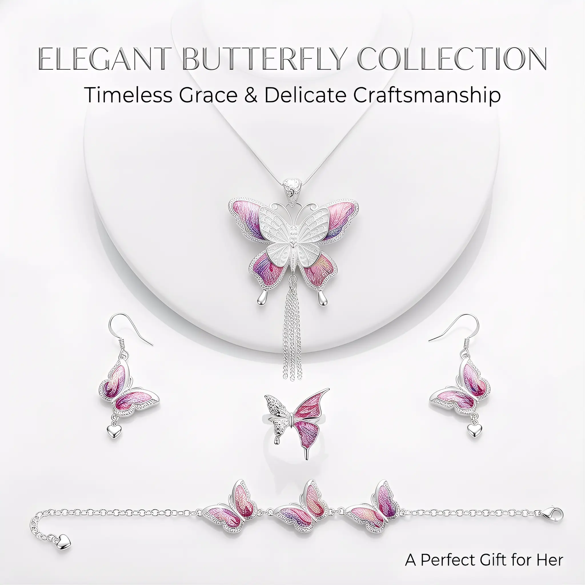 Handmade Butterfly Embroidery 4-Piece Fabric Jewelry Set for Females, Hook Earrings Included, Metal Coating, Matching Design for Easy Styling, Unique Gifts, Plain