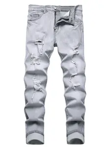 Men's Ripped Jeans Slim Fit Distressed Straight Leg Fashion Denim Pants 100% Cotton Solid Color Stylish Trouser