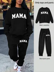Women's 2-Piece Sweatshirt Set, Mama Letter Print, Long Sleeve Round Neck, Drawstring Pants, Casual Fall Winter Outfit