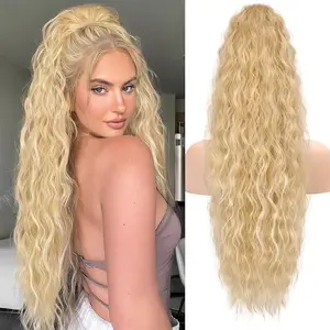VOSILK 30 Inch Long Curly Wavy Drawstring Ponytail Extension Synthetic Comb Clip in Ponytail Hairpiece for Women Blonde Mixed Ponytail Hair Extensions Fake Ponytail Hairpieces
