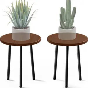 Plant Stand Indoor 2 Pack, 14 Inch Corner Wood Plant Stand, Mid Century Modern Decor, Small Round Plant Table for Indoor Plants, Outdoor Plant Holder for Patio, Living Room, Bathroom, Office, Walnut