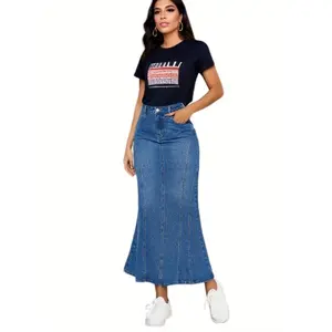 Women’s High-Waist Denim Maxi Skirt, Stretch Blue Jeans Skirt with Vertical Panel Seams, Flared Hem, Zip Button Closure, Belt Loops and Pockets