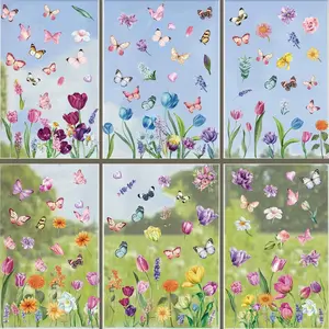 Afmivs Spring Window Clings for Glass Windows Easter, 132pcs Flower Window Clings Butterfly Floral Decorations, 9 Sheets Spring Window Stickers Decals for Classroom Home Office Indoor Decor Clearance