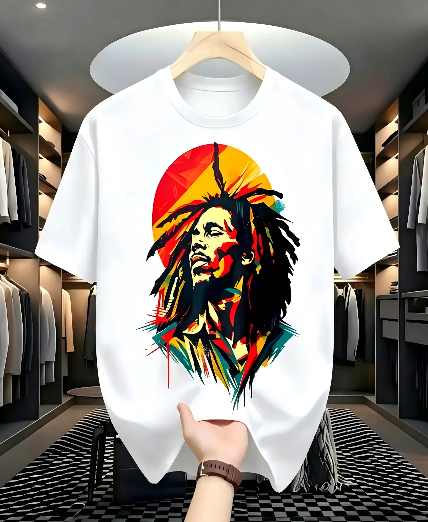 Unisex Round Neck Short-Sleeve Cotton Fabric Apparel - Colorful Abstract Reggae Vibes Prints Graphic Tee, Rasta Inspired Casual Black Sports Top for Music Lovers, Funny Comfortable, Shortsleeve, Digital Print, Wash-Resistant