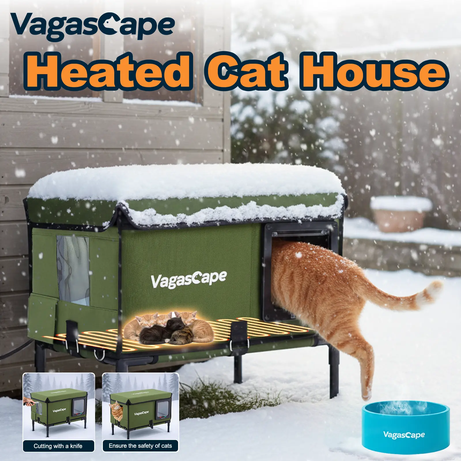 【Limited】Vagascape Heated Outdoor Cat House, Heated Bowl, Thermostat & Overheat Protection with Auto Shutoff, Warms in ~3s & Energy-Saving – Waterproof, Insulated & Elevated, 12mm Fiberglass Frame, Escape Door & Window, UL-Tested Heating Core, Bpa-Free Ma