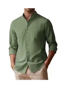 COOFANDY Men's Shirt Long Sleeve Linen Shirt Band Collar Button Down Shirts Oxford Dress Shirt