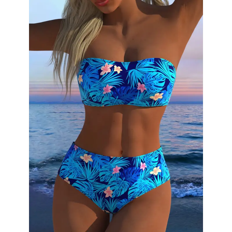 Women's bandeau bikini set, blue floral print, high-waisted two-piece swimsuit, strapless beachwear, suitable for beach vacation