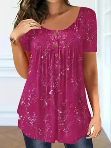 【Plus Size】 Floral Print Short Sleeve Fitted Tee, Casual Round Neck Button Front Top for Summer, Women's Clothing for Daily Wear, Womenswear