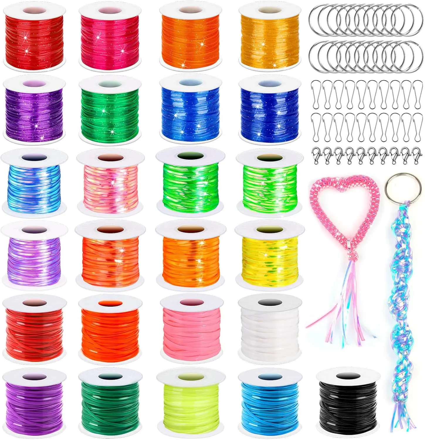 DIY Boondoggle & Gimp String Lanyard Kit with 25 Rolls 2.5x1mm Bright Colors Plastic Lacing Cord, 50-Count Lanyard Accessories for Key Chains, Friendship Bracelets, Adults