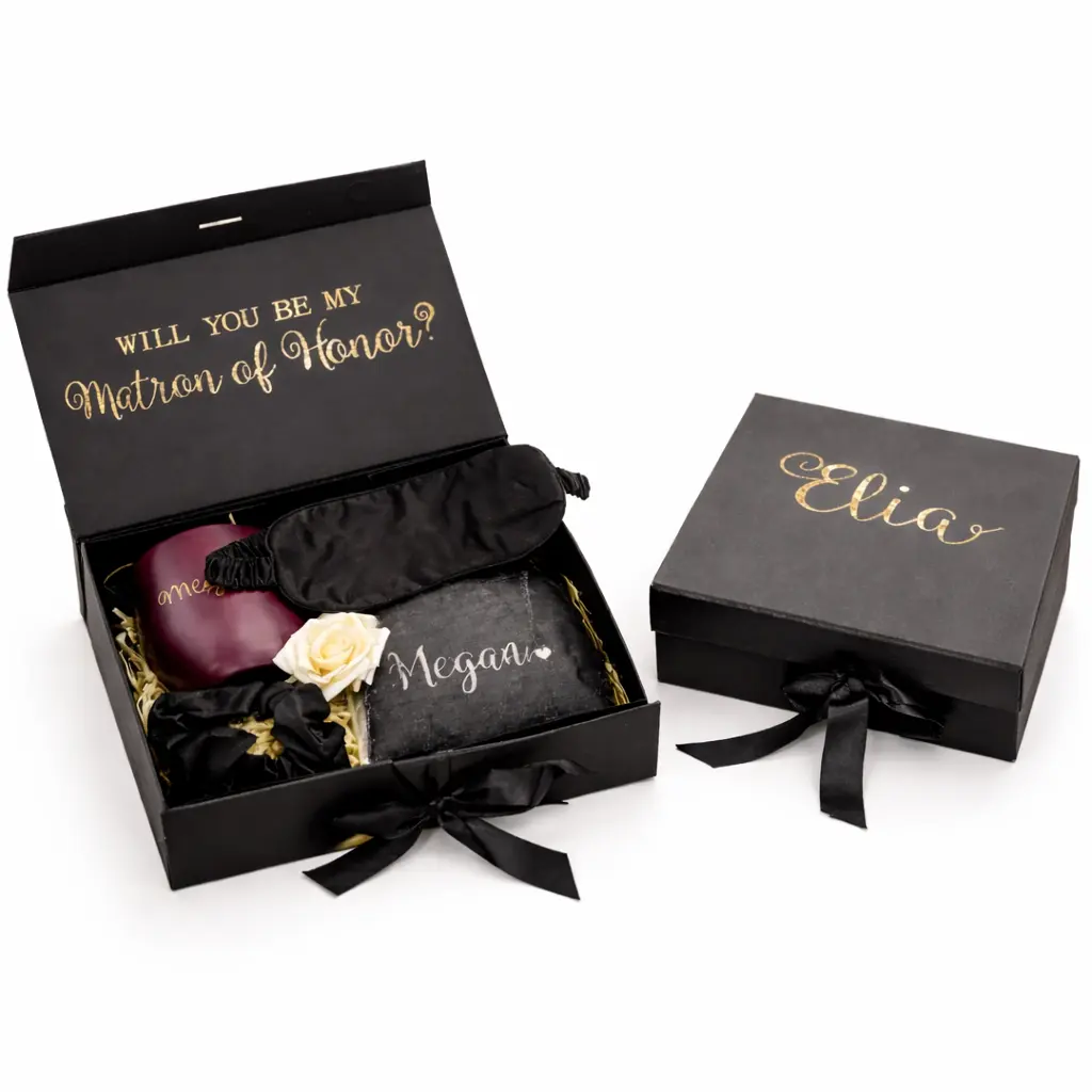Taniri Personalized Adult Bridesmaid Proposal Kit - Customizable 2-Large Satin Fabric Boxed Set with Pajamas, Eye Mask, Scrunchie, Gold Foil Text, Ribbon Keepsake Box (10" x 9" x 3.75") for Wedding Bridal Party Gifting